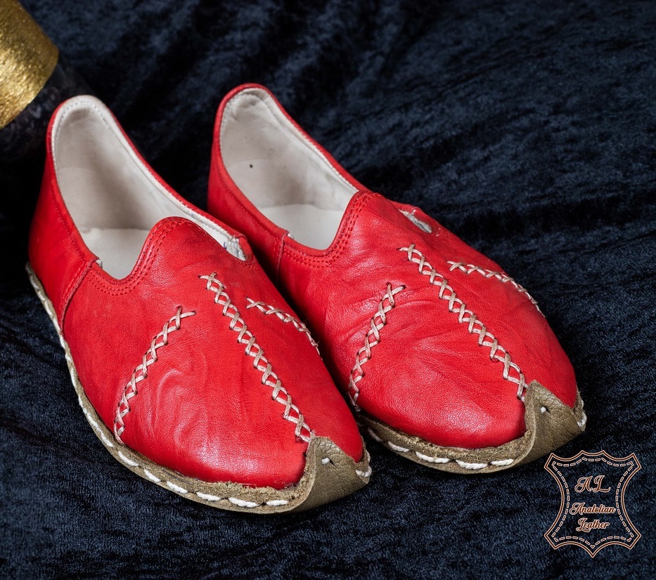 Turkish Genuine Leather Handmade Women Aladdin Yemeni Shoes Natural Red